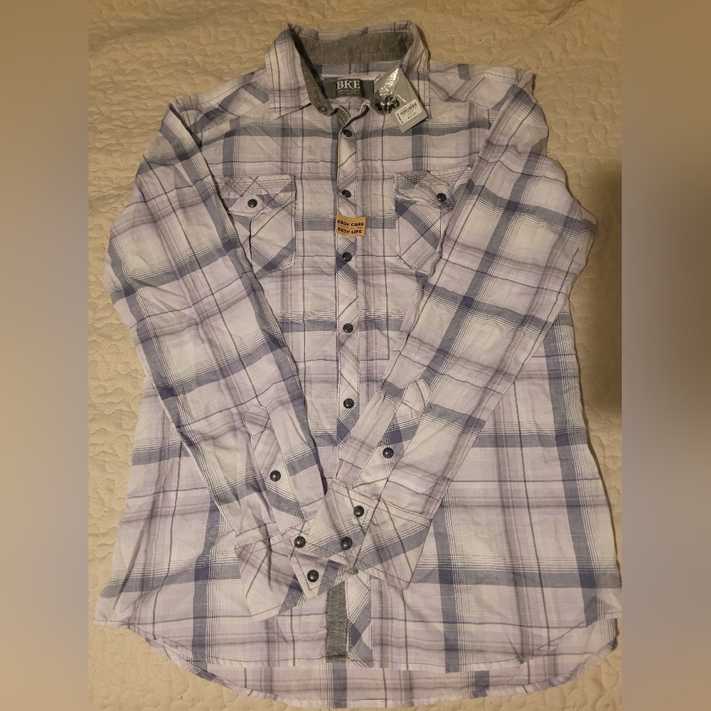 Buckle BKE Mens Athletic Fit Purple/Gray Plaid  Shirt NWT
